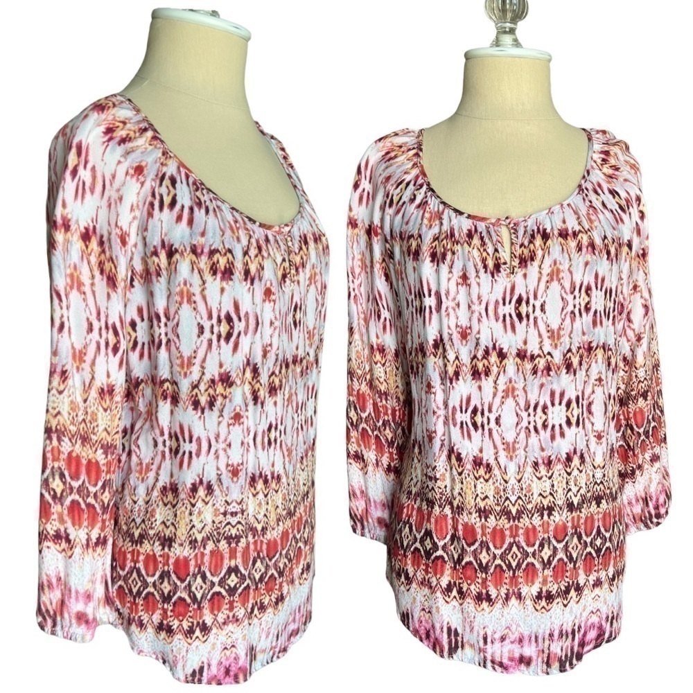 Kenar Boho Tribal print Pink Coral 3/4 Sleeve flowy lightweight blouse in Medium